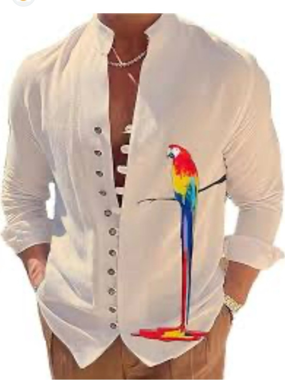 Button Up Shirt Parrot Graphic Off White Long Sleeve Stand Up Collar Fashion Tee